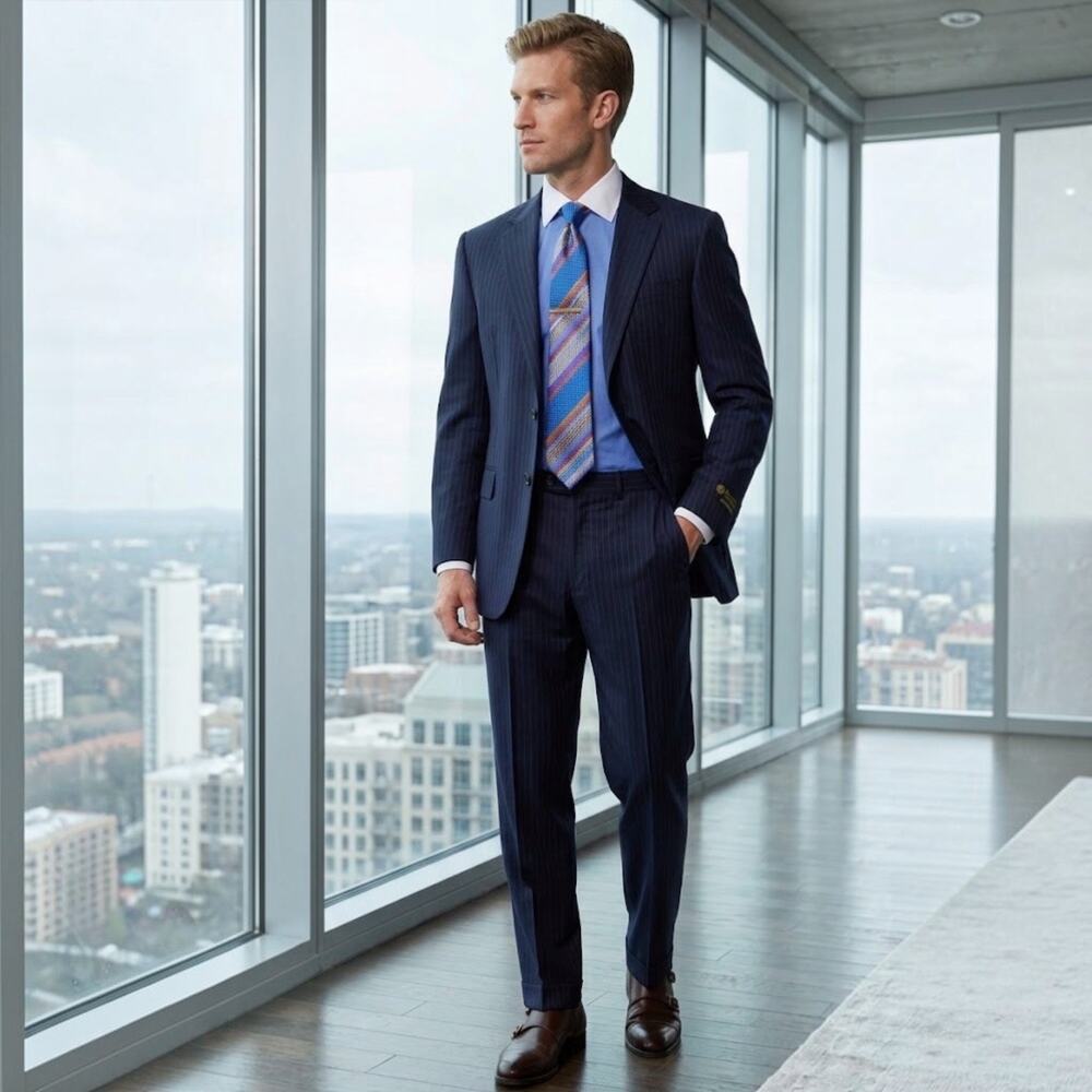 Hickey Freeman Loro Piana Super 130s 42L Navy Pinstripe 2pc Suit Pants W34 x 32L